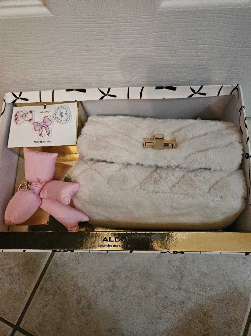 ALDO Cream Faux-Fur Kids Crossbody Bag with Pink Bow Charm